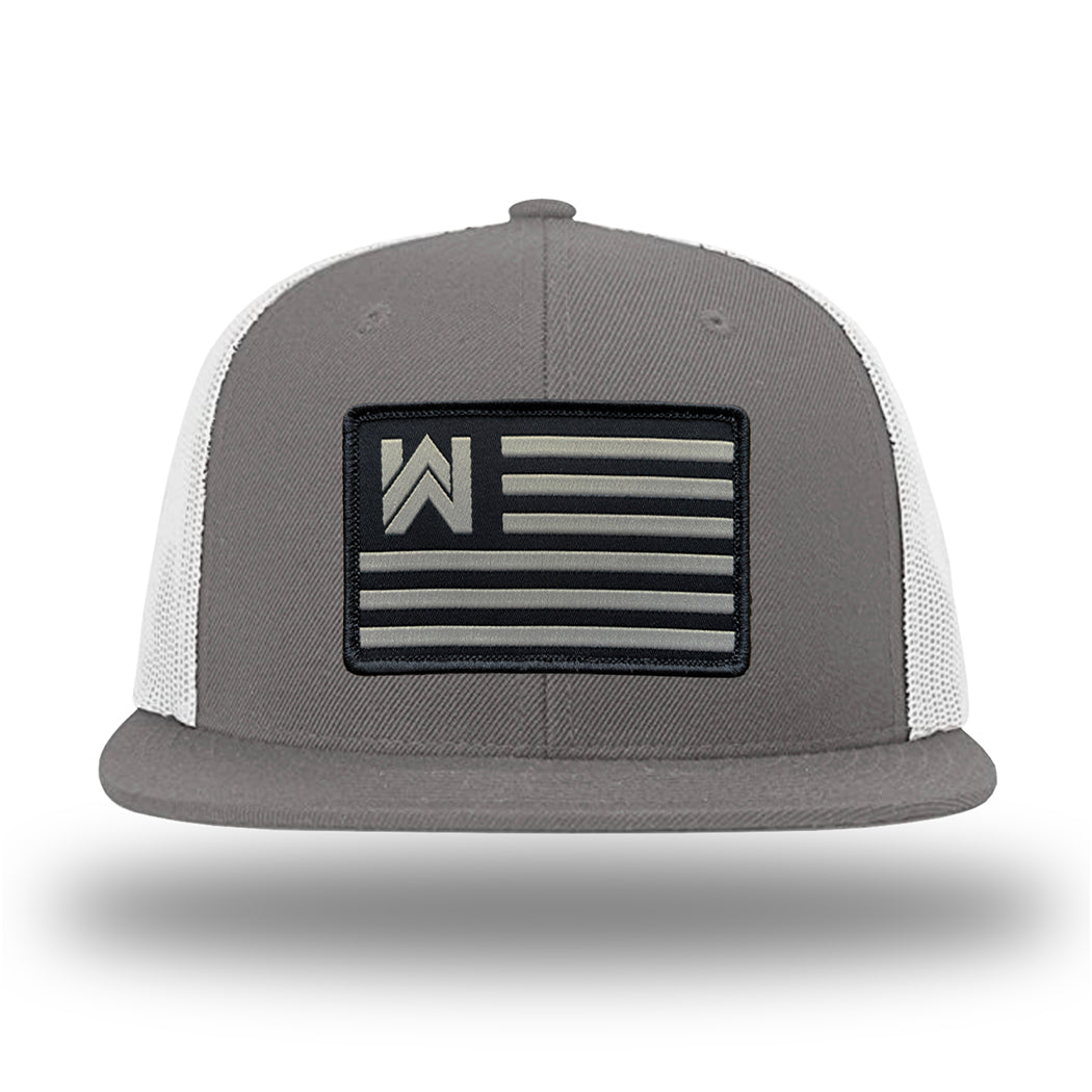 Black American Flag Patch on Flat Bill Style Mesh Snap Back Hat - USA