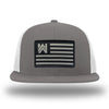Charcoal/White WeWorkin hat—Richardson 511 brand snapback, flatbill trucker hat style. WE WORKIN FLAG woven patch with black merrowed edge is centered on the front panels.