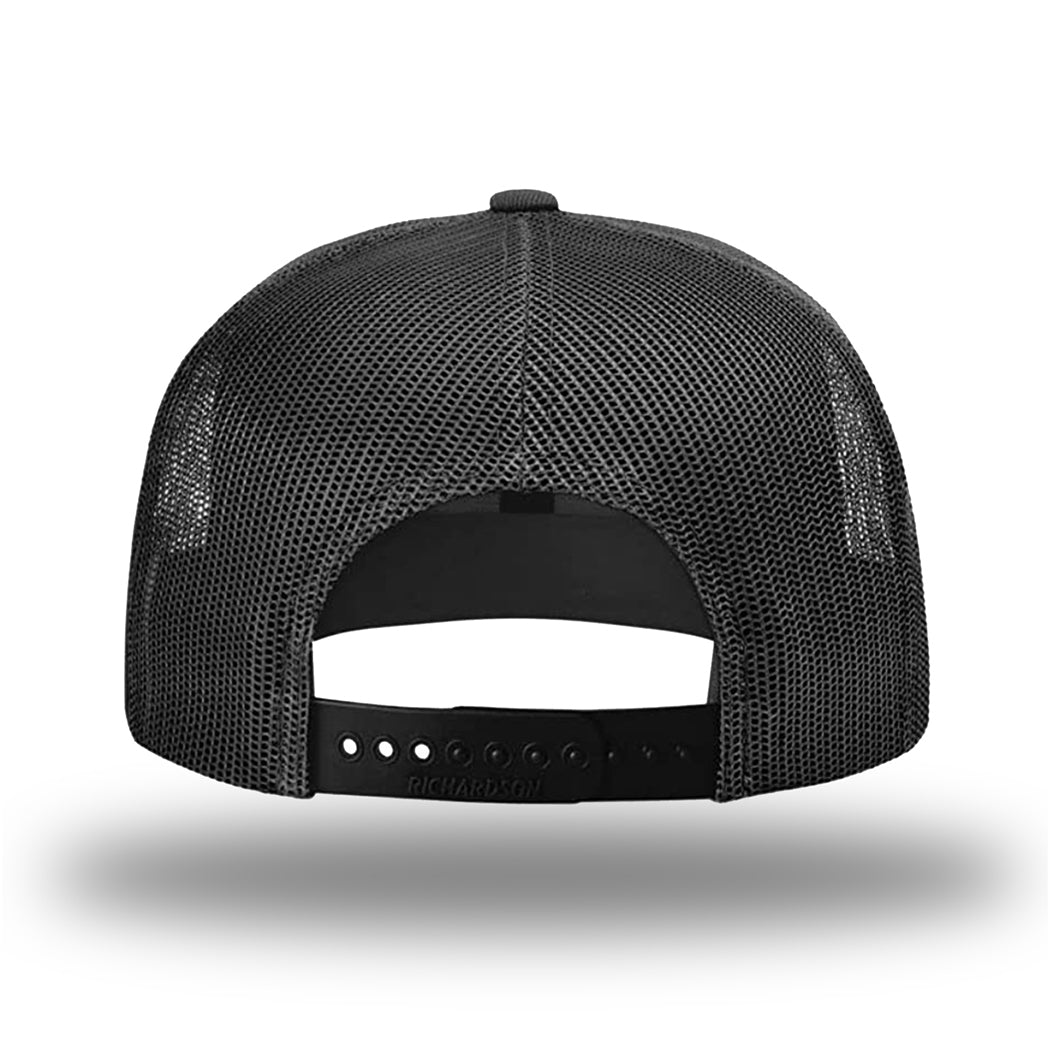 Richardson 511, Flatbill Trucker Hat style, in all black, mesh back panels and matching black snapback.