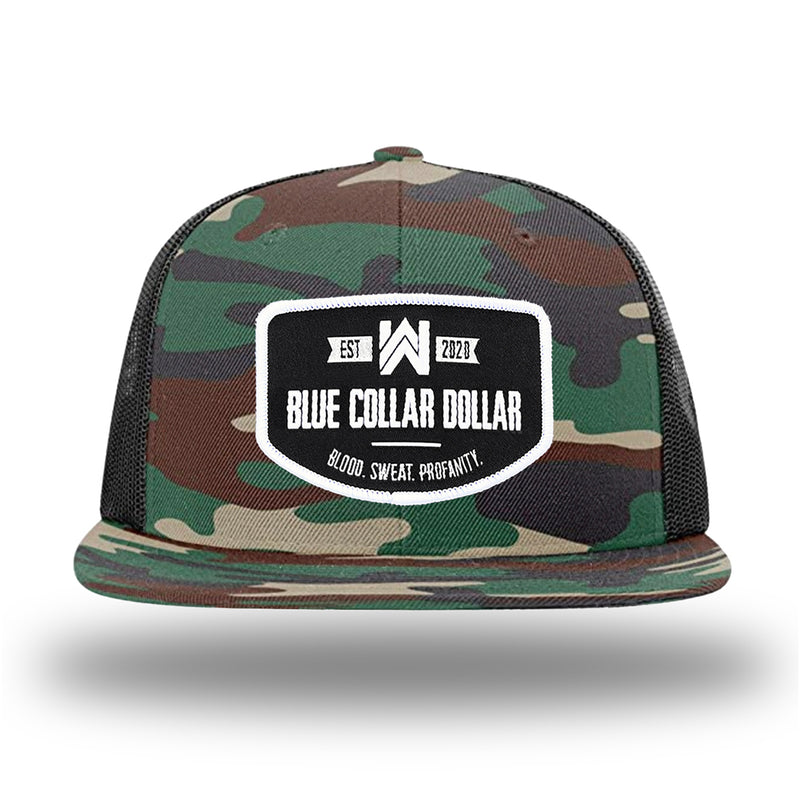 Green Camo/Black WeWorkin hat—Richardson 511 brand snapback, flatbill trucker hat style. WeWorkin "Blue Collar Dollar" curve-bottom patch is centered large on the front panels.