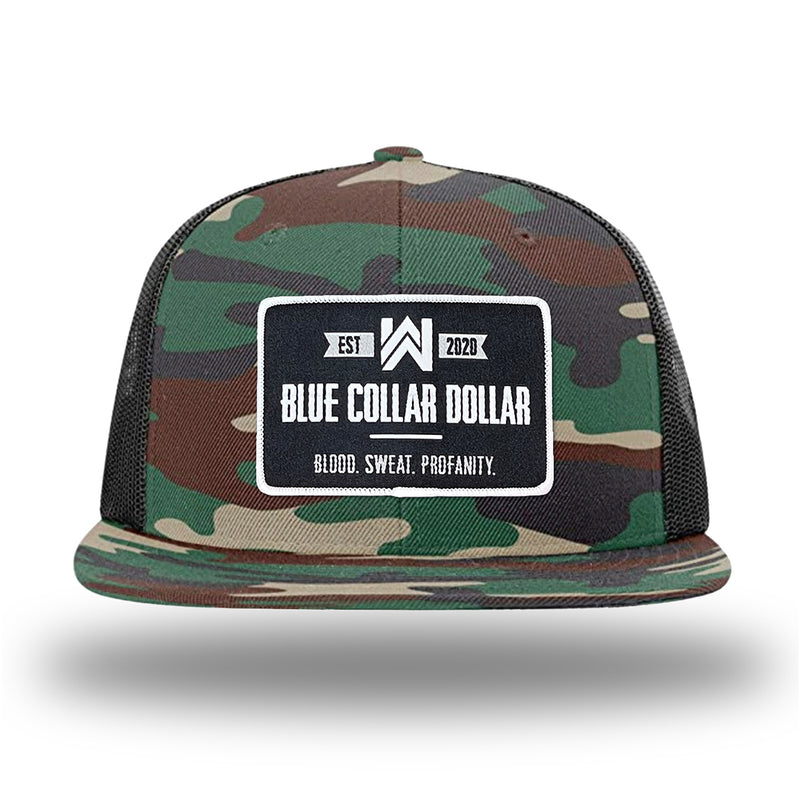Green Camo/Black WeWorkin hat—Richardson 511 brand snapback, flatbill trucker hat style. WeWorkin "Blue Collar Dollar" rectangle patch is centered large on the front panels.