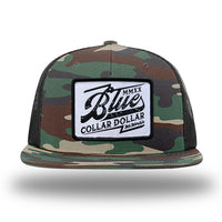 Green Camo/Black WeWorkin hat—Richardson 511 brand snapback, flatbill trucker hat style. BLUE COLLAR DOLLAR VINTAGE (BCD-V) woven patch with black merrowed edge, on a white background with black, distressed text/design, centered on the front panels.