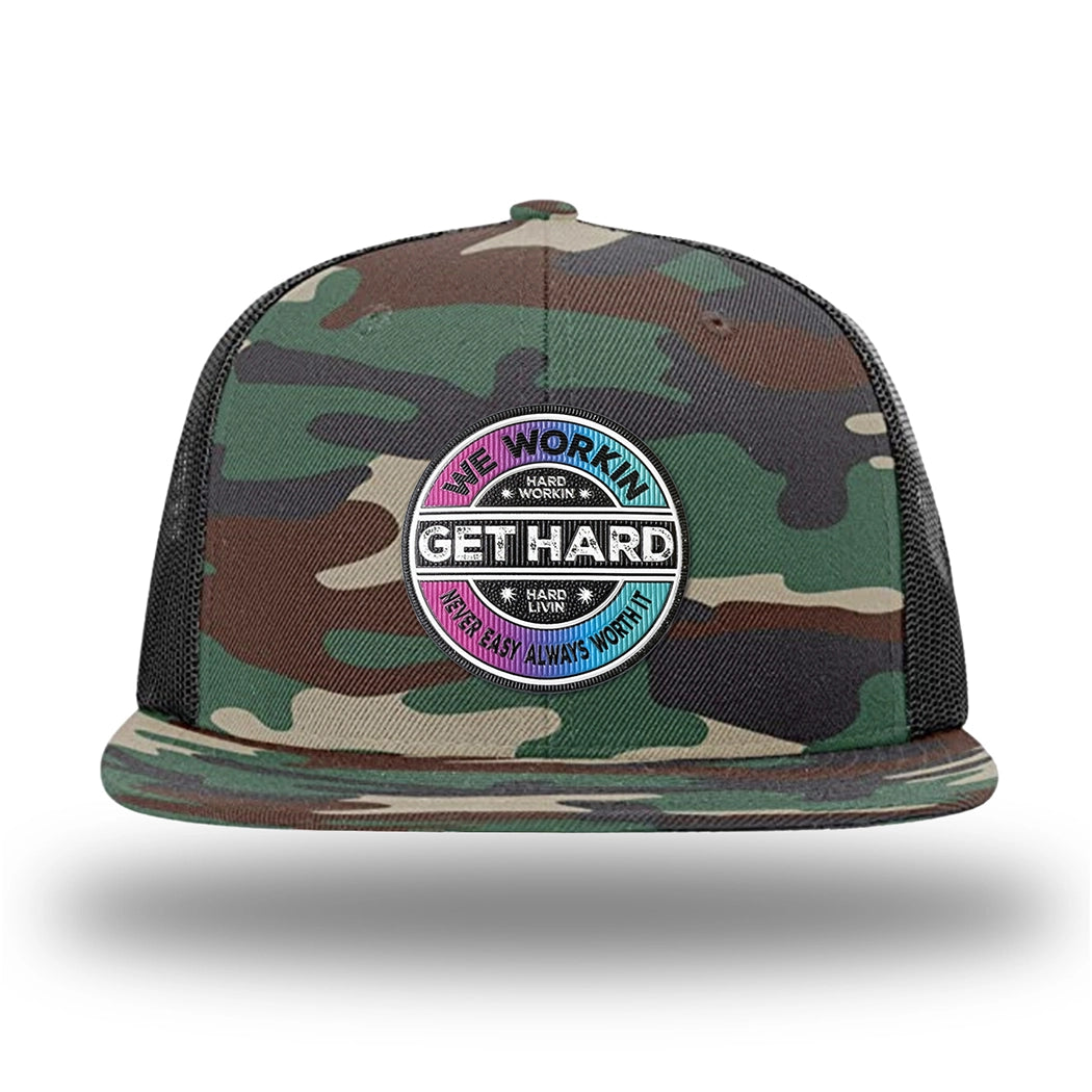 Green Camo/Black WeWorkin hat—Richardson 511 brand snapback, flatbill trucker hat style. WE WORKIN custom GET HARD patch made of thermoplastic, lightweight, durable material is centered on the front panels.