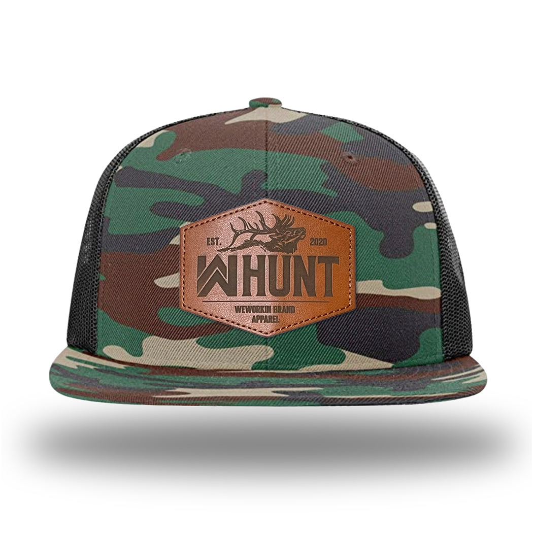 Green Camo/Black WeWorkin hat—Richardson 511 brand snapback, flatbill trucker hat style. WeWorkin "WW HUNT" etched leather patch with stitched border is centered on the front panels.