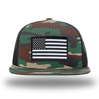 Green Camo/Black WeWorkin hat—Richardson 511 brand snapback, flatbill trucker hat style. AMERICAN FLAG woven patch with black merrowed edge is centered on the front panels.