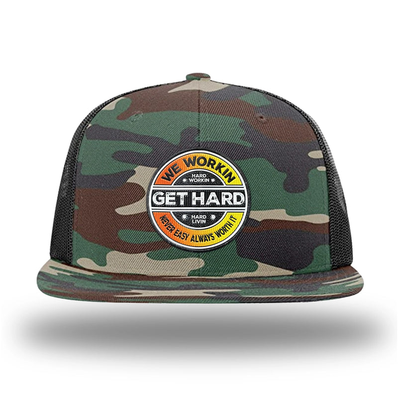 Green Camo/Black WeWorkin hat—Richardson 511 brand snapback, flatbill trucker hat style. WE WORKIN custom GET HARD patch made of thermoplastic, lightweight, durable material is centered on the front panels in orange to yellow fade and black colors.