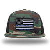 Green Camo/Black WeWorkin hat—Richardson 511 brand snapback, flatbill trucker hat style. LEO FLAG woven patch with black merrowed edge is centered on the front panels.