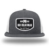 Heather Charcoal/White WeWorkin hat—Richardson 511 brand snapback, flatbill trucker hat style. WeWorkin "Blue Collar Dollar" curve-bottom patch is centered large on the front panels.