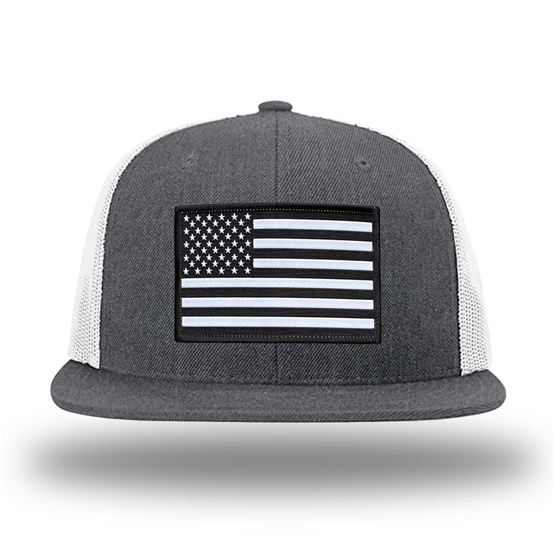 Heather Charcoal/White WeWorkin hat—Richardson 511 brand snapback, flatbill trucker hat style. AMERICAN FLAG woven patch with black merrowed edge is centered on the front panels.