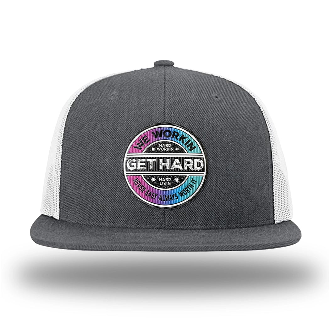 Heather Charcoal/White WeWorkin hat—Richardson 511 brand snapback, flatbill trucker hat style. WE WORKIN custom GET HARD patch made of thermoplastic, lightweight, durable material is centered on the front panels.