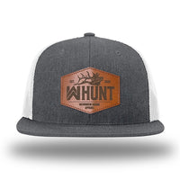 Heather Charcoal/White WeWorkin hat—Richardson 511 brand snapback, flatbill trucker hat style. WeWorkin "WW HUNT" etched leather patch with stitched border is centered on the front panels.