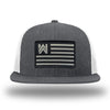 Heather Charcoal/White WeWorkin hat—Richardson 511 brand snapback, flatbill trucker hat style. WE WORKIN FLAG woven patch with black merrowed edge is centered on the front panels.