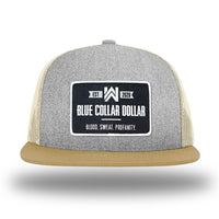 Heather Grey/Birch/Biscuit WeWorkin hat—Richardson 511 brand snapback, flatbill trucker hat style. WeWorkin "Blue Collar Dollar" rectangle patch is centered large on the front panels. 