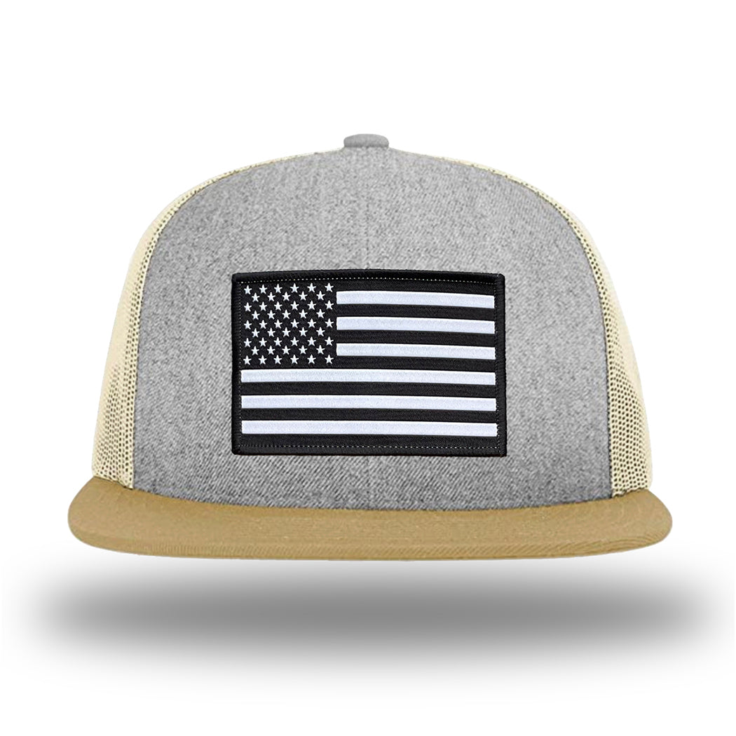 Heather Grey/Birch/Biscuit WeWorkin hat—Richardson 511 brand snapback, flatbill trucker hat style. AMERICAN FLAG woven patch with black merrowed edge is centered on the front panels.