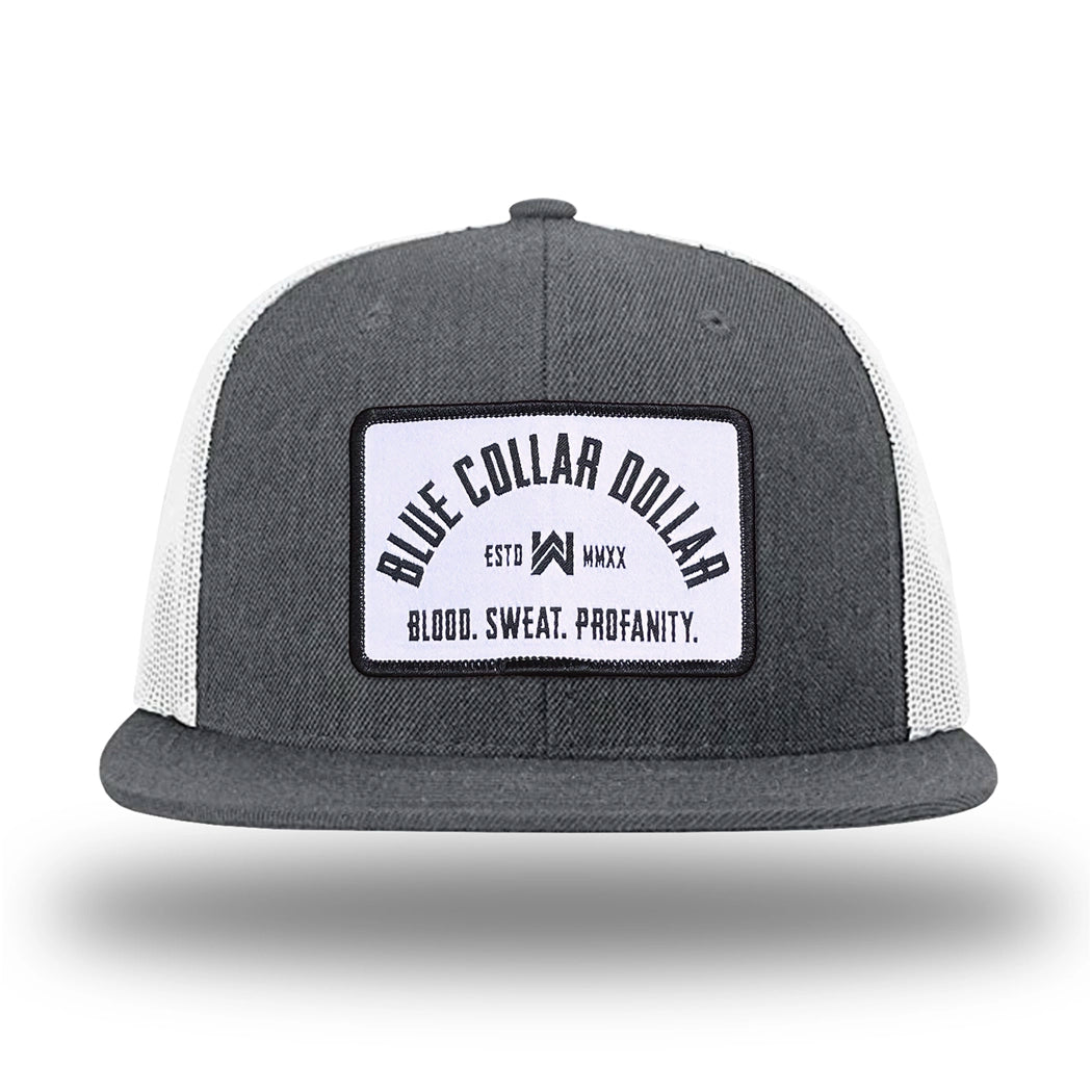 Heather Charcoal/White WeWorkin hat—Richardson 511 brand snapback, flatbill trucker hat style. BLUE COLLAR DOLLAR ARCH (BCD-ARCH) woven patch with black merrowed edge, on a white background with black text, is centered on the front panels.