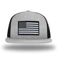Heather Grey/Black WeWorkin hat—Richardson 511 brand snapback, flatbill trucker hat style. AMERICAN FLAG woven patch with black merrowed edge is centered on the front panels.