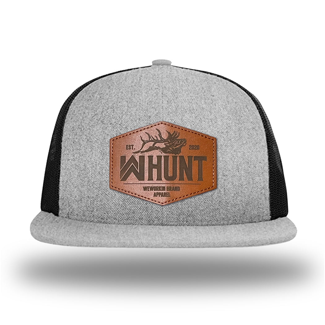 Heather Grey/Black WeWorkin hat—Richardson 511 brand snapback, flatbill trucker hat style. WeWorkin "WW HUNT" etched leather patch with stitched border is centered on the front panels.