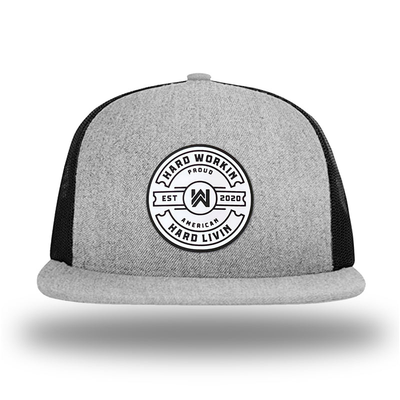 Heather Grey/Black WeWorkin hat—Richardson 511 brand snapback, flatbill trucker hat style. 