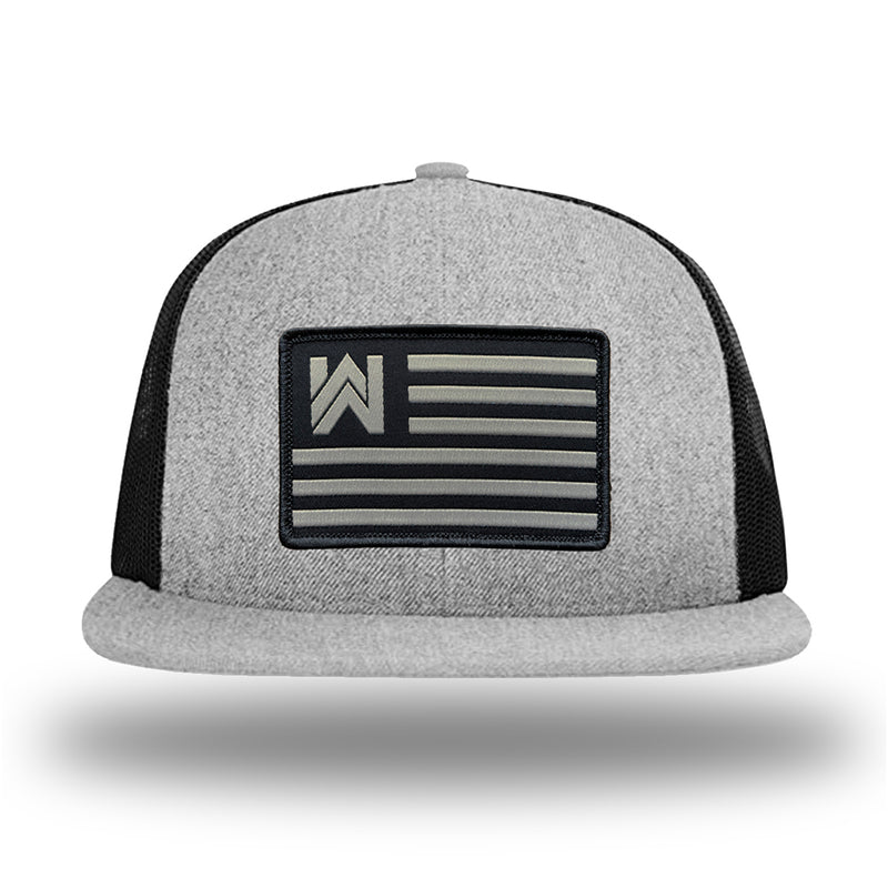 Heather Grey/Black WeWorkin hat—Richardson 511 brand snapback, flatbill trucker hat style. WE WORKIN FLAG woven patch with black merrowed edge is centered on the front panels.