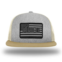 Heather Grey/Birch/Biscuit WeWorkin hat—Richardson 511 brand snapback, flatbill trucker hat style. PRO-2A woven patch with black merrowed edge is centered on the front panels.