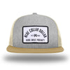 Heather Grey/Birch/Biscuit WeWorkin hat—Richardson 511 brand snapback, flatbill trucker hat style. BLUE COLLAR DOLLAR ARCH (BCD-ARCH) woven patch with black merrowed edge, on a white background with black text, is centered on the front panels.