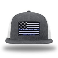 Heather Charcoal/White WeWorkin hat—Richardson 511 brand snapback, flatbill trucker hat style. LEO FLAG woven patch with black merrowed edge is centered on the front panels.