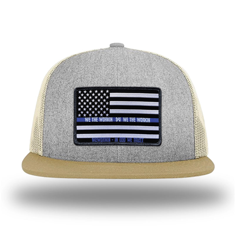 Heather Grey/Birch/Biscuit WeWorkin hat—Richardson 511 brand snapback, flatbill trucker hat style. LEO FLAG woven patch with black merrowed edge is centered on the front panels.