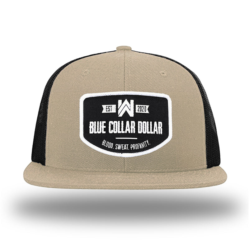 Khaki/Black WeWorkin hat—Richardson 511 brand snapback, flatbill trucker hat style. WeWorkin "Blue Collar Dollar" curve-bottom patch is centered large on the front panels.