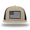 Khaki/Black WeWorkin hat—Richardson 511 brand snapback, flatbill trucker hat style. AMERICAN FLAG woven patch with black merrowed edge is centered on the front panels.