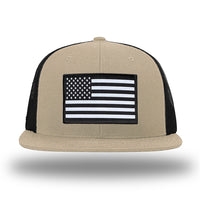 Khaki/Black WeWorkin hat—Richardson 511 brand snapback, flatbill trucker hat style. AMERICAN FLAG woven patch with black merrowed edge is centered on the front panels.
