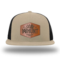 Khaki/Black WeWorkin hat—Richardson 511 brand snapback, flatbill trucker hat style. WeWorkin "WW HUNT" etched leather patch with stitched border is centered on the front panels.