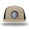 Khaki/Black WeWorkin hat—Richardson 511 brand snapback, flatbill trucker hat style. WeWorkin "SACRIFICES Must Be Made" circular woven patch, with black/white thread colors and black merrowed edge, is centered on the front panels.