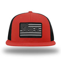 Red/Black WeWorkin hat—Richardson 511 brand snapback, flatbill trucker hat style. PRO-2A woven patch with black merrowed edge is centered on the front panels.
