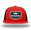 Red/Black WeWorkin hat—Richardson 511 brand snapback, flatbill trucker hat style. WeWorkin "Blue Collar Dollar" curve-bottom patch is centered large on the front panels.