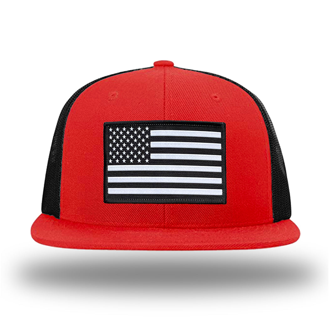 Red/Black WeWorkin hat—Richardson 511 brand snapback, flatbill trucker hat style. AMERICAN FLAG woven patch with black merrowed edge is centered on the front panels.