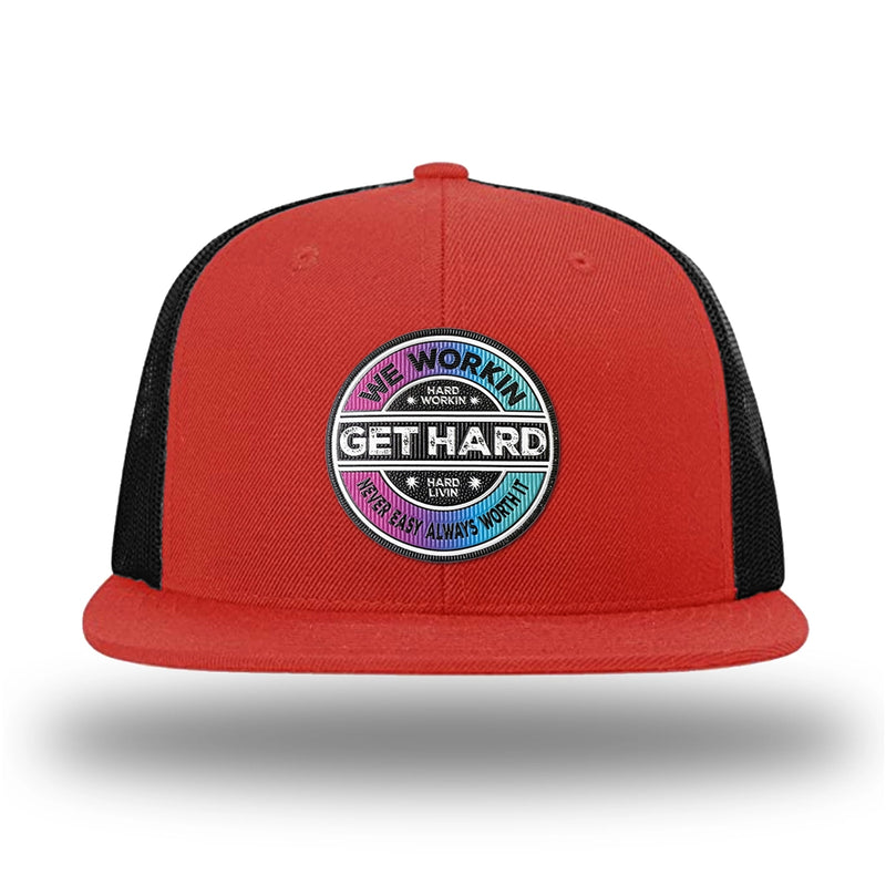 Red/Black WeWorkin hat—Richardson 511 brand snapback, flatbill trucker hat style. WE WORKIN custom GET HARD patch made of thermoplastic, lightweight, durable material is centered on the front panels.