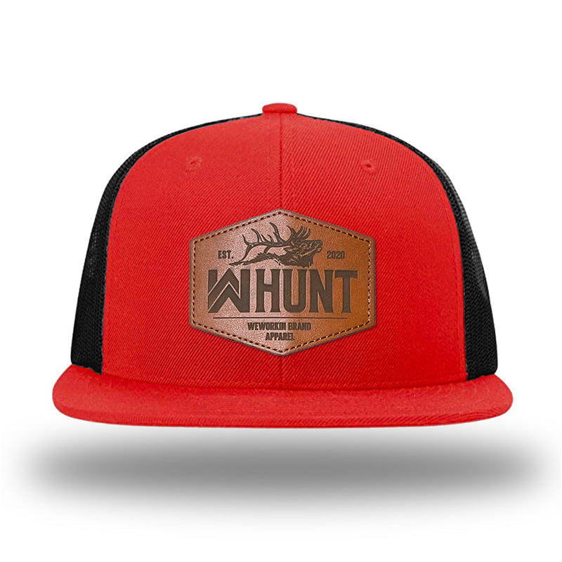 Red/Black WeWorkin hat—Richardson 511 brand snapback, flatbill trucker hat style. WeWorkin "WW HUNT" etched leather patch with stitched border is centered on the front panels.