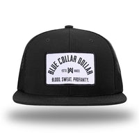 Solid Black WeWorkin hat—Richardson 511 brand snapback, flatbill trucker hat style. BLUE COLLAR DOLLAR ARCH (BCD-ARCH) woven patch with black merrowed edge, on a white background with black text, is centered on the front panels.