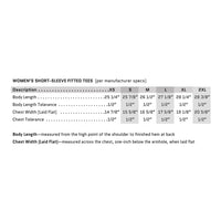 Women's 60/40 Short-Sleeve Tee (Silver) sizing chart. Measurements provided for Size (XS-2XL)—from manufacturers specs.