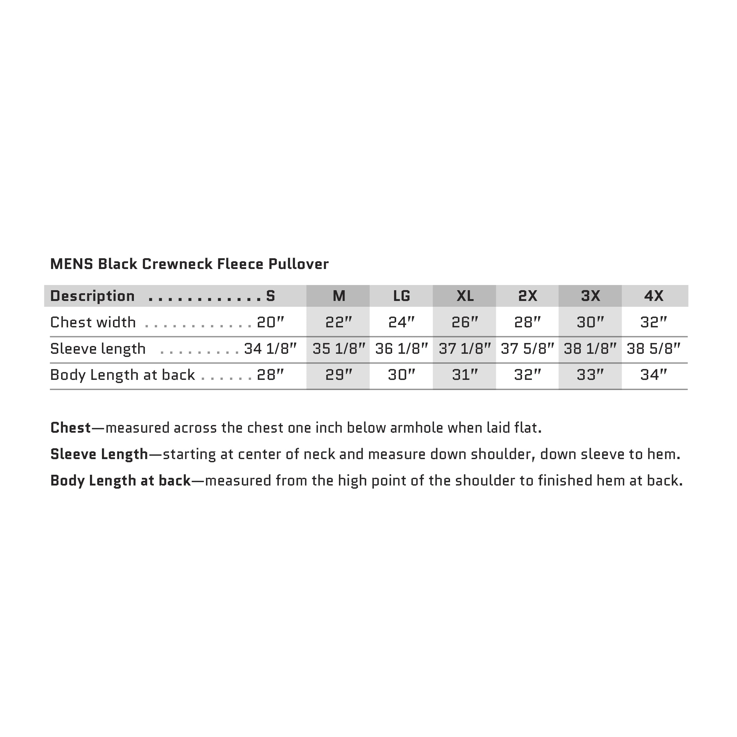 Sizing chart for the Men's Black Crewneck Fleece Pullover, per manufacturer's specs. Sizes SM - 4X.