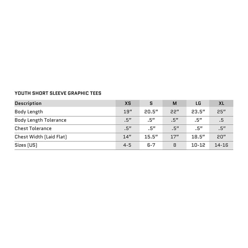 Youth Short Sleeve Graphic Tee Sizing chart. Sizes XS through XL, including body length, chest width measurements and sizes (from manufacturer)