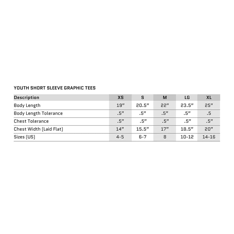 Youth Short Sleeve Graphic Tee Sizing chart. Sizes XS through XL, including body length, chest width measurements and sizes (from manufacturer)