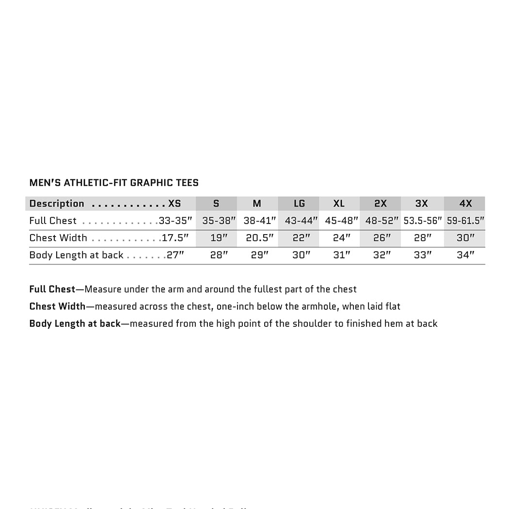 Sizing Chart for Men's Athletic-Fit Graphic Tee. Shown for sizes XS through 4X. Measurements provided for Body Length at back, Chest and Chest Width—from manufacturer's specs.