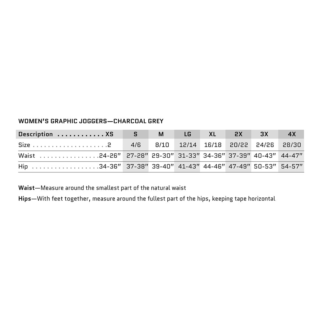 Sizing chart for Women's Graphic Joggers in Charcoal Grey. Measurments for the Waist and Hips is included, as well as size. (Per manufacturer specs)