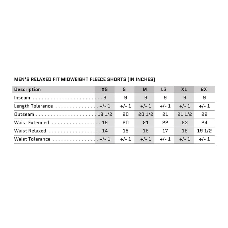Sizing chart for Men's Relaxed Fit Midweight Fleece Shorts. Measurements for the Inseam (+ length tolerance), Outseam, Waist Extended, Waist Relaxed (+ waist tolerance) is included. (Per manufacturer specs, in inches)