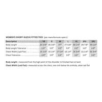 Women's 60/40 Cotton/Poly Blend Short-Sleeve Tee sizing chart. Measurements provided for Sizes XS-3XL.