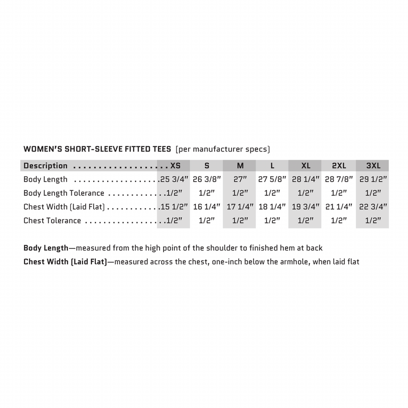 Women's 60/40 Cotton/Poly Blend Short-Sleeve Tee sizing chart. Measurements provided for Sizes XS-3XL.