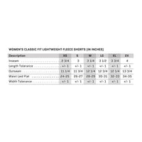 Sizing chart for Women's Classic Fit Lightweight Fleece Shorts. Measurements for the Inseam (+ length tolerance), Outseam, Waist Laid Flat (+ width tolerance) is included. (Per manufacturer specs, in inches)