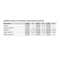 Sizing chart for Women's Classic Fit Lightweight Fleece Shorts. Measurements for the Inseam (+ length tolerance), Outseam, Waist Laid Flat (+ width tolerance) is included. (Per manufacturer specs)
