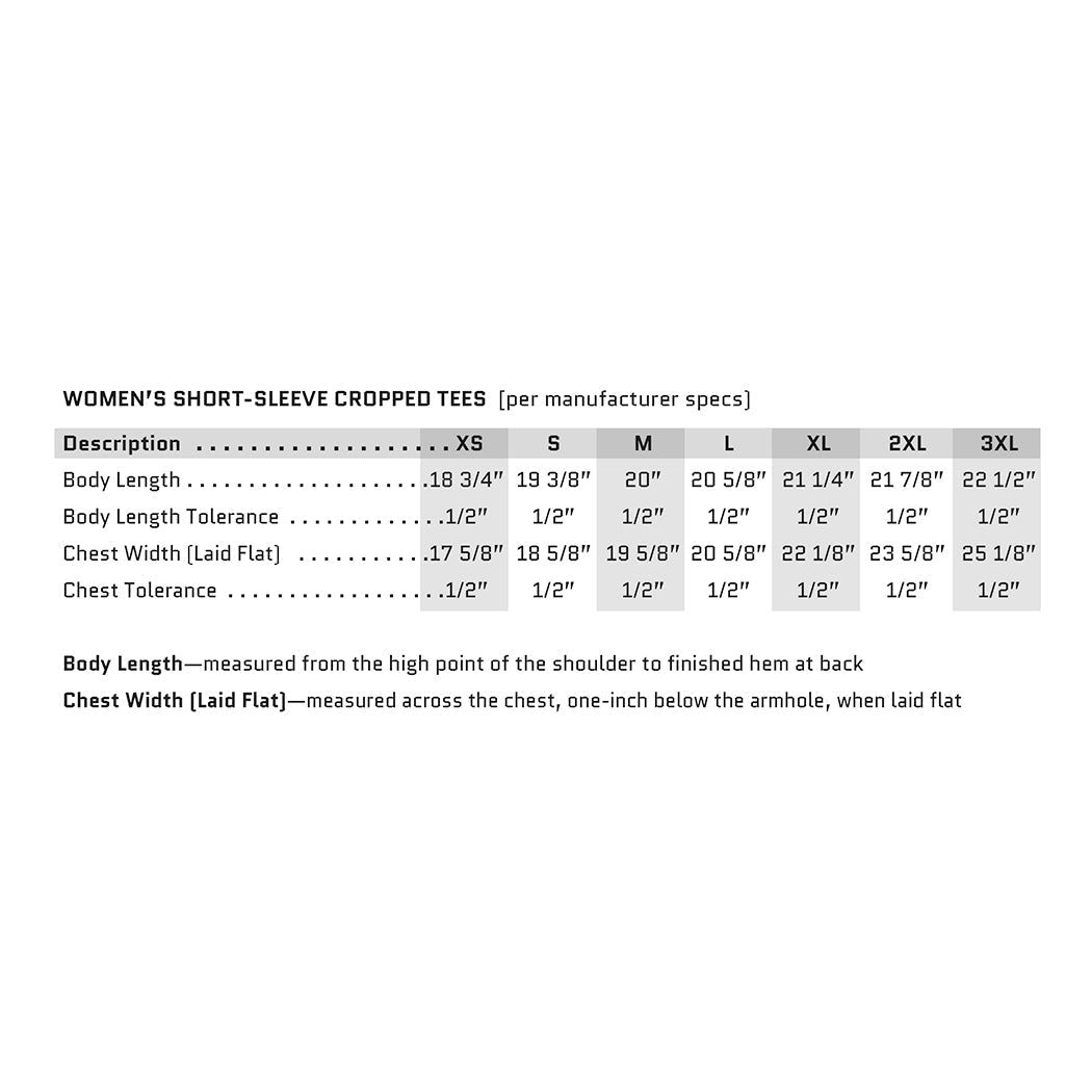 Women's Short-Sleeve Cropped Tee sizing chart. Measurements provided for Size (XS-3XL), Body Length and Chest Width (with tolerances)—from manufacturer's specs.